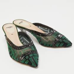 Pre Owned Fendi Green/Black Crystal Embellished Mesh Colibri Mules Size 35