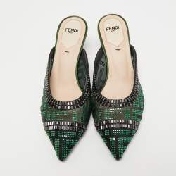 Pre Owned Fendi Green/Black Crystal Embellished Mesh Colibri Mules Size 35