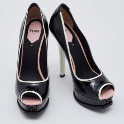 Pre Owned Fendi Black/White Patent Leather Fendista Peep Toe Platform Pumps Size 39