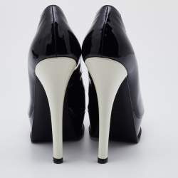 Pre Owned Fendi Black/White Patent Leather Fendista Peep Toe Platform Pumps Size 39