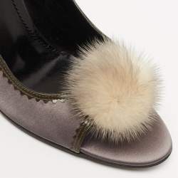 Pre Owned Fendi Grey Satin Pom Pom Open Toe Pumps Size 39