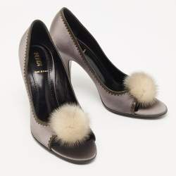 Pre Owned Fendi Grey Satin Pom Pom Open Toe Pumps Size 39