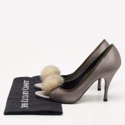 Pre Owned Fendi Grey Satin Pom Pom Open Toe Pumps Size 39