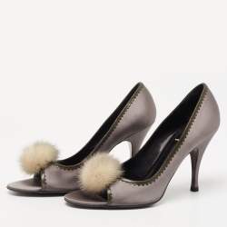 Pre Owned Fendi Grey Satin Pom Pom Open Toe Pumps Size 39