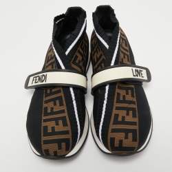 Pre Owned Fendi Brown/Black Zucca Knit Fabric Rockoko Slip On Sneakers Size 38