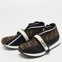 Pre Owned Fendi Brown/Black Zucca Knit Fabric Rockoko Slip On Sneakers Size 38