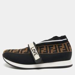 Pre Owned Fendi Brown/Black Zucca Knit Fabric Rockoko Slip On Sneakers Size 38