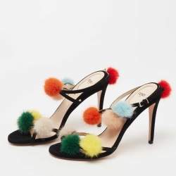 Fendi Black Suede Mink Fur Pompoms Ankle Strap Sandals Size 39