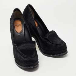 Pre Owned Fendi Black Calf Hair Block Heel Loafer Pumps Size 36