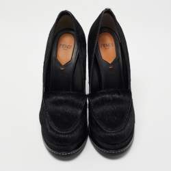 Pre Owned Fendi Black Calf Hair Block Heel Loafer Pumps Size 36