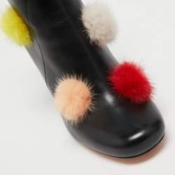 Pre Owned Fendi Black Leather Pom Pom Ankle Boots Size 38.5 