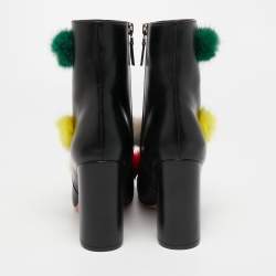 Pre Owned Fendi Black Leather Pom Pom Ankle Boots Size 38.5 