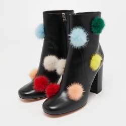 Pre Owned Fendi Black Leather Pom Pom Ankle Boots Size 38.5 