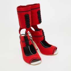 Pre Owned Fendi Red Knit Fabric Peep Toe Cut Out Sandals Size 40