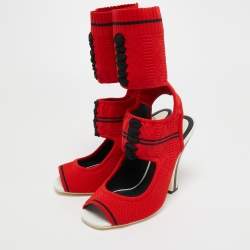 Pre Owned Fendi Red Knit Fabric Peep Toe Cut Out Sandals Size 40
