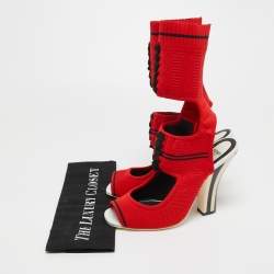 Pre Owned Fendi Red Knit Fabric Peep Toe Cut Out Sandals Size 40