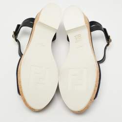 Pre Owned Fendi Blue Denim and Lizard Embossed Leather Wedge Ankle Strap Sandals Size 38