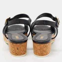 Pre Owned Fendi Blue Denim and Lizard Embossed Leather Wedge Ankle Strap Sandals Size 38