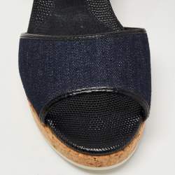 Pre Owned Fendi Blue Denim and Lizard Embossed Leather Wedge Ankle Strap Sandals Size 38