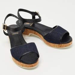 Pre Owned Fendi Blue Denim and Lizard Embossed Leather Wedge Ankle Strap Sandals Size 38