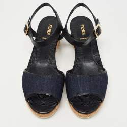Pre Owned Fendi Blue Denim and Lizard Embossed Leather Wedge Ankle Strap Sandals Size 38