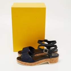 Pre Owned Fendi Blue Denim and Lizard Embossed Leather Wedge Ankle Strap Sandals Size 38