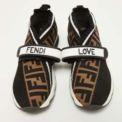 Pre Owned Fendi Brown/Black Zucca Knit Fabric Rockoko Slip On Sneakers Size 35