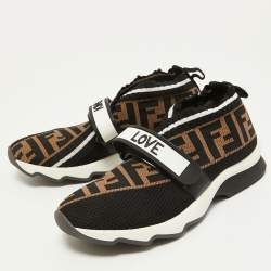 Pre Owned Fendi Brown/Black Zucca Knit Fabric Rockoko Slip On Sneakers Size 35