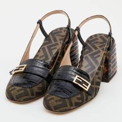 Pre Owned Fendi Tobacco/Black Croc Embossed Leather and Canvas Promenade FF Motif Slingback Sandals Size 37.5