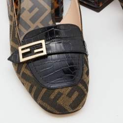 Pre Owned Fendi Tobacco/Black Croc Embossed Leather and Canvas Promenade FF Motif Slingback Sandals Size 37.5