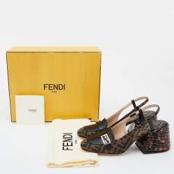 Pre Owned Fendi Tobacco/Black Croc Embossed Leather and Canvas Promenade FF Motif Slingback Sandals Size 37.5