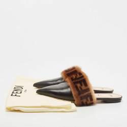 Pre Owned Fendi Black/Brown Leather and FF Fur Pointed Toe Flat Mules Size 37