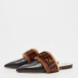 Pre Owned Fendi Black/Brown Leather and FF Fur Pointed Toe Flat Mules Size 37