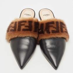 Pre Owned Fendi Black/Brown Leather and FF Fur Pointed Toe Flat Mules Size 37