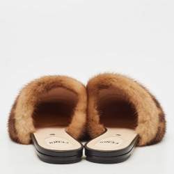 Pre Owned Fendi Black/Brown Leather and FF Fur Pointed Toe Flat Mules Size 37