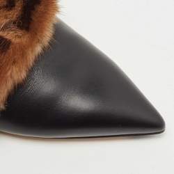 Pre Owned Fendi Black/Brown Leather and FF Fur Pointed Toe Flat Mules Size 37