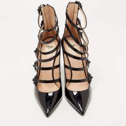 Pre Owned Fendi Black Patent Leather Flowerland Strappy Pumps Size 39