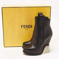 Pre Owned Fendi Navy Black Leather Ffreedom Wedge Ankle Boots Size 40