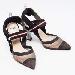 Pre Owned Fendi Brown/Black Zucca Mesh and Leather Colibri Pumps Size 38