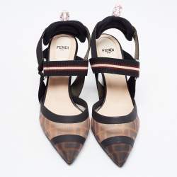 Pre Owned Fendi Brown/Black Zucca Mesh and Leather Colibri Pumps Size 38