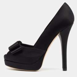 Pre Owned Fendi Black Satin Bow Peep Toe Platform Pumps Size 37