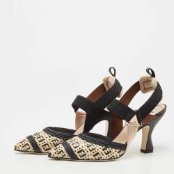 Pre Owned Fendi Black/Beige Raffia and Canvas Colibri  Pumps Size 40