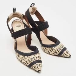 Pre Owned Fendi Black/Beige Raffia and Canvas Colibri  Pumps Size 40