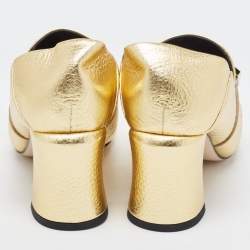 Pre Owned Fendi Gold Textured Leather Geometric Stud Loafer Pumps Size 37.5