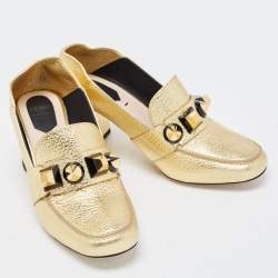 Pre Owned Fendi Gold Textured Leather Geometric Stud Loafer Pumps Size 37.5