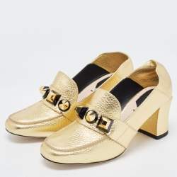 Pre Owned Fendi Gold Textured Leather Geometric Stud Loafer Pumps Size 37.5