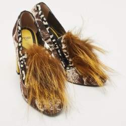 Pre Owned Fendi Brown Print Calf Hair And Fox Fur Block Heel Pumps Size 40