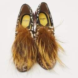 Pre Owned Fendi Brown Print Calf Hair And Fox Fur Block Heel Pumps Size 40