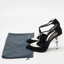 Pre Owned Fendi Black/Silver Suede and Leather Ankle Strap Pumps Size 40
