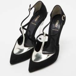 Pre Owned Fendi Black/Silver Suede and Leather Ankle Strap Pumps Size 40